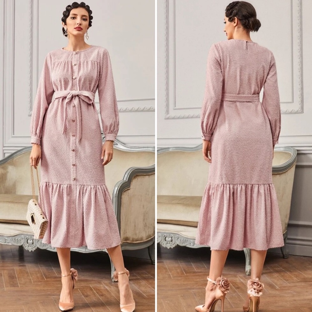 ✌🏼 #2487 Self Belted Flip Hem Button Front Dress - Picture 4 of 16